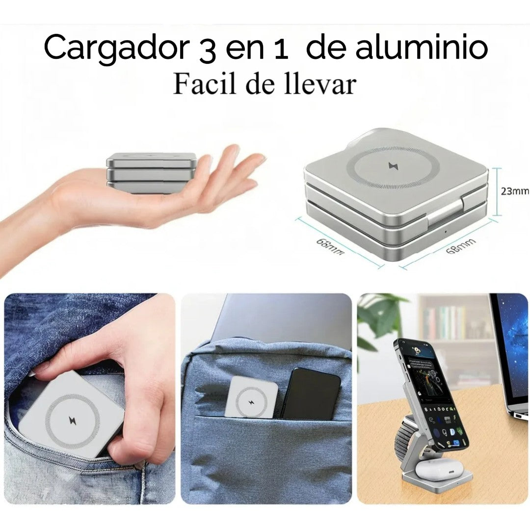 “Cargador 3 en 1 olvídate de cables y enredos”